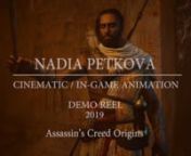 Project: Assassin’s Creed Origins - The Curse Of the Pharaohs DLCnStudio: UbisoftnRole: 3d Senior Animator. nnScenes breakdown:nI. Meet Nefertari, scenes: nWorking from first pass animation to final polish, export and check.nAnimation of the two acting characters in the scenes: Bayekand the bird.n1. Bayek body, facial, prop animation.n2. Bayek body, prop animation.n3. Bayek body, facial, prop animatoin. Bird generic mo-cap animatoin polish as: Body, steps, wings, speed and time of landing.n4