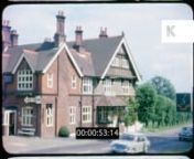 1960s English Village, Southborough, Kent, HD from 16mm from the Kinolibrary Archive Film Collections. To order the clip clean and high res for your commercial project or to find out more visit http://www.kinolibrary.com. Available in 2K Clip ref KLR1110.nSubscribe for more high quality, rare and inspiring clips from our extensive archive of footage.nnWS pan Kent countryside, trees, fields. Pan village green, church in BG. Southborough Tunbridge Wells. Sign - The Hotel Sceptre. EXT hotel, road,