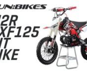 The M2R KXF125 Pit BikennThe KXF125 pit bike is the ideal bike for riders taking the next step up from a mini dirt bike or riders aged 12 and up.nnEquipped with a 120cc engine that inspires confidence due to its lovely power delivery, this little beauty can take anything in its stride!nnFrom field and gravel tracks to a full blown Moto X course, the KXF125 will perform splendidly. (For MX we recommend the excellent DNM Rear shock upgrade).nnThe KXF125 is a mid-sized pit bike and has a 4 speed ma