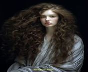 Prompt Midjourney : a woman with long curly hair is dressed in wool, in the style of wendy froud, robert mapplethorpe, kelly sue deconnick, dark gray, delicate lines, youthful, renaissance-style --ar 80:97 --v 5.2 --style raw
