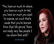 #quotes #quoteschannel#deepquotes#successquotes #inspirationalquotes #motivationalquotes #priscillapresley &#60;br/&#62;&#60;br/&#62;In this video, we explore the life and career of Priscilla Presley, an American actress, businesswoman, and the former wife of the iconic musician Elvis Presley. From her early years growing up in Brooklyn, New York, to her rise to fame as an actress and model, and her role in managing Elvis&#39;s estate after his death, Priscilla has had a fascinating journey. We also delve into some of her personal insights and reflections on her experiences, providing a deeper understanding of this influential figure. Join us as we celebrate the life and legacy of Priscilla Presley.&#60;br/&#62;&#60;br/&#62;Copyright info:&#60;br/&#62;* We must state that in NO way, shape or form am I intending to infringe rights of the copyright holder. Content used is strictly for research/reviewing purposes and to help educate. All under the Fair Use law.