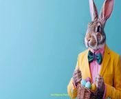 Prompt Midjourney : easter rabbit dressed as a human, wearing pink shirt, dark blue bow tie, striped bold yellow hipster suit, standing on the left side of the image, posing, basket with easter eggs in hands, solid mint color background with negative space right side, in modern style, --ar 16:9 --v 6.0