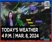 Today&#39;s Weather, 4 P.M. &#124; Mar. 8, 2024&#60;br/&#62;&#60;br/&#62;Video Courtesy of DOST-PAGASA&#60;br/&#62;&#60;br/&#62;Subscribe to The Manila Times Channel - https://tmt.ph/YTSubscribe &#60;br/&#62;&#60;br/&#62;Visit our website at https://www.manilatimes.net &#60;br/&#62;&#60;br/&#62;Follow us: &#60;br/&#62;Facebook - https://tmt.ph/facebook &#60;br/&#62;Instagram - https://tmt.ph/instagram &#60;br/&#62;Twitter - https://tmt.ph/twitter &#60;br/&#62;DailyMotion - https://tmt.ph/dailymotion &#60;br/&#62;&#60;br/&#62;Subscribe to our Digital Edition - https://tmt.ph/digital &#60;br/&#62;&#60;br/&#62;Check out our Podcasts: &#60;br/&#62;Spotify - https://tmt.ph/spotify &#60;br/&#62;Apple Podcasts - https://tmt.ph/applepodcasts &#60;br/&#62;Amazon Music - https://tmt.ph/amazonmusic &#60;br/&#62;Deezer: https://tmt.ph/deezer &#60;br/&#62;Tune In: https://tmt.ph/tunein&#60;br/&#62;&#60;br/&#62;#themanilatimes&#60;br/&#62;#WeatherUpdateToday &#60;br/&#62;#WeatherForecast