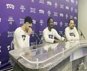 TCU players Emanuel Miller, Micah Peavy, and JaKobe Coles look ahead to matchup against No. 8 Utah State in the NCAA Tournament.