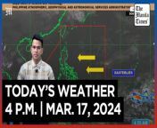 Today&#39;s Weather, 4 A.M. &#124; Mar. 17, 2024&#60;br/&#62;&#60;br/&#62;Video Courtesy of DOST-PAGASA&#60;br/&#62;&#60;br/&#62;Subscribe to The Manila Times Channel - https://tmt.ph/YTSubscribe &#60;br/&#62;&#60;br/&#62;Visit our website at https://www.manilatimes.net &#60;br/&#62;&#60;br/&#62;Follow us: &#60;br/&#62;Facebook - https://tmt.ph/facebook &#60;br/&#62;Instagram - https://tmt.ph/instagram &#60;br/&#62;Twitter - https://tmt.ph/twitter &#60;br/&#62;DailyMotion - https://tmt.ph/dailymotion &#60;br/&#62;&#60;br/&#62;Subscribe to our Digital Edition - https://tmt.ph/digital &#60;br/&#62;&#60;br/&#62;Check out our Podcasts: &#60;br/&#62;Spotify - https://tmt.ph/spotify &#60;br/&#62;Apple Podcasts - https://tmt.ph/applepodcasts &#60;br/&#62;Amazon Music - https://tmt.ph/amazonmusic &#60;br/&#62;Deezer: https://tmt.ph/deezer &#60;br/&#62;Tune In: https://tmt.ph/tunein&#60;br/&#62;&#60;br/&#62;#TheManilaTimes&#60;br/&#62;#WeatherUpdateToday &#60;br/&#62;#WeatherForecast
