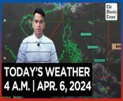 Today&#39;s Weather, 4 A.M. &#124; Apr. 6, 2024&#60;br/&#62;&#60;br/&#62;Video Courtesy of DOST-PAGASA&#60;br/&#62;&#60;br/&#62;Subscribe to The Manila Times Channel - https://tmt.ph/YTSubscribe &#60;br/&#62;&#60;br/&#62;Visit our website at https://www.manilatimes.net &#60;br/&#62;&#60;br/&#62;Follow us: &#60;br/&#62;Facebook - https://tmt.ph/facebook &#60;br/&#62;Instagram - Ahttps://tmt.ph/instagram &#60;br/&#62;Twitter - https://tmt.ph/twitter &#60;br/&#62;DailyMotion - https://tmt.ph/dailymotion &#60;br/&#62;&#60;br/&#62;Subscribe to our Digital Edition - https://tmt.ph/digital &#60;br/&#62;&#60;br/&#62;Check out our Podcasts: &#60;br/&#62;Spotify - https://tmt.ph/spotify &#60;br/&#62;Apple Podcasts - https://tmt.ph/applepodcasts &#60;br/&#62;Amazon Music - https://tmt.ph/amazonmusic &#60;br/&#62;Deezer: https://tmt.ph/deezer &#60;br/&#62;Tune In: https://tmt.ph/tunein&#60;br/&#62;&#60;br/&#62;#TheManilaTimes&#60;br/&#62;#WeatherUpdateToday &#60;br/&#62;#WeatherForecast
