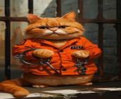 Prompt Midjourney : A cute fat orange cat wearing a prisoner&#39;s uniform with the number 7927 on the left side, in prison, with handcuffs, in the style of Tiago Hoisel, comic, playful and sunny, realistic --ar 9:16