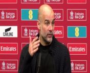 Man City boss Pep Guardiola reacts to their 1-0 victory at Wembley with an exhausted performance and making it to the FA Cup Final&#60;br/&#62;&#60;br/&#62;Wembley Stadium, London, UK
