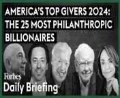 Warren Buffett tops our list as the biggest giver for the fourth year in a row, with &#36;56.7 billion in lifetime giving. The 93-year-old CEO of conglomerate Berkshire Hathaway–who also gave away the most in 2023–is on a mission to make sure that he doesn’t leave his heirs a fortune. “My children, along with their father, have a common belief that dynastic wealth, though both legal and common in much of the world including the United States, is not desirable,” Buffett wrote in a statement he issued in November to accompany a gift of Berkshire shares to four family charitable foundations. Still, he’s only donated 30% of his fortune, in part because the value of his Berkshire Hathaway stock keeps rising.&#60;br/&#62;&#60;br/&#62;MacKenzie Scott continues to give away billions of dollars a year faster than just about anyone else in the ranking, to a wide variety of nonprofits in the U.S. and countries like Brazil and India. In December, the novelist and former wife of Jeff Bezos published a list of the 360 nonprofits to which she’d donated a combined &#36;2.15 billion during 2023. That brings her lifetime giving–in less than five years–to nearly &#36;16.6 billion to 1,954 groups–more than all but four others on this list, all of whom have been at this for at least three times as many years. Scott, who received a 4% stake in Amazon as part of the divorce settlement with Bezos in 2019, now owns just under 2% of the company, per a recent regulatory filing.&#60;br/&#62;&#60;br/&#62;Read the full story on Forbes: https://www.forbes.com/sites/forbeswealthteam/2024/02/15/americas-top-givers-2024-the-25-most-philanthropic-billionaires/?sh=712ad6616714&#60;br/&#62;&#60;br/&#62;Forbes Daily Briefing shares the best of Forbes reporting on wealth, business, entrepreneurship, leadership and more. Tune in every day, seven days a week, to hear a new story. Subscribe here: https://art19.com/shows/forbes-daily-briefing&#60;br/&#62;&#60;br/&#62;Fuel your success with Forbes. Gain unlimited access to premium journalism, including breaking news, groundbreaking in-depth reported stories, daily digests and more. Plus, members get a front-row seat at members-only events with leading thinkers and doers, access to premium video that can help you get ahead, an ad-light experience, early access to select products including NFT drops and more:&#60;br/&#62;&#60;br/&#62;https://account.forbes.com/membership/?utm_source=youtube&amp;utm_medium=display&amp;utm_campaign=growth_non-sub_paid_subscribe_ytdescript&#60;br/&#62;&#60;br/&#62;Stay Connected&#60;br/&#62;Forbes newsletters: https://newsletters.editorial.forbes.com&#60;br/&#62;Forbes on Facebook: http://fb.com/forbes&#60;br/&#62;Forbes Video on Twitter: http://www.twitter.com/forbes&#60;br/&#62;Forbes Video on Instagram: http://instagram.com/forbes&#60;br/&#62;More From Forbes:http://forbes.com&#60;br/&#62;&#60;br/&#62;Forbes covers the intersection of entrepreneurship, wealth, technology, business and lifestyle with a focus on people and success.