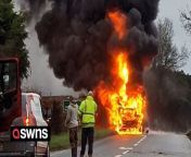 A bus went up in flames earlier today - with the fire so big smoke could be seen from &#39;half a mile away&#39;.&#60;br/&#62;&#60;br/&#62;Firefighters raced to the single-decker vehicle on the A35 in Axminster, Devon at around 9am.&#60;br/&#62;&#60;br/&#62;The road was shut while crews worked - with video showing black smoke billowing into the sky.&#60;br/&#62;&#60;br/&#62;Devon and Somerset Fire and Rescue Service said later that the bus had been &#92;