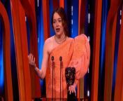 Emma Stone thanked Poor Things screenwriter Tony McNamara for the line “I must go punch that baby” as she accepted her leading actress Bafta award on Sunday evening (18 February).&#60;br/&#62;&#60;br/&#62;“Tony, thank you for the line ‘I must go punch that baby.’ It was life-changing for me,” the star joked, adding she was “in awe” of the film’s “incredible cast and crew”.&#60;br/&#62;&#60;br/&#62;Stone also thanked her mother during her acceptance speech, saying she was “beyond grateful” for all her support.&#60;br/&#62;&#60;br/&#62;The Poor Things star beat Fantasia Barrino, Sandra Huller, Vivian Oparah, Carey Mulligan and Margot Robbie to win the leading actress award.
