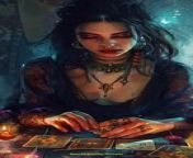 Prompt Midjourney : I wish I could draw an image of a tarot consultant looking at tarot cards for you. She&#39;s a mysterious and beautiful woman, exuding a free-spirited hippie vibe, in her early thirties and unmarried. She&#39;s facing forward, emanating a strong yet gentle charisma, --ar 9:16
