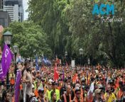On Thursday, February 16, 2024, thousands of workers marched on Queensland parliament demanding workplace safety action after a colleague&#39;s death. Video via AAP.