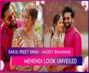 Rakul Preet Singh and Jackky Bhagnani have shared a glimpse of their vibrant Mehendi ceremony, held in Goa. The couple, who recently had a dual wedding at a Goa resort, took to their respective social media handles to unveil their stunning Mehendi attires. Jackky looked dashing in a vivid pink and golden ensemble designed by Kunal Rawal, while Rakul exuded elegance in a pink, golden and saffron heavily embroidered lehenga by Arpita Mehta. Their pictures have quickly spread across social media platforms, highlighting the beautiful connection between Rakul and Jackky.&#60;br/&#62;&#60;br/&#62;