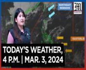 Today&#39;s Weather, 4 P.M. &#124; Mar. 3, 2024&#60;br/&#62;&#60;br/&#62;Video Courtesy of DOST-PAGASA&#60;br/&#62;&#60;br/&#62;Subscribe to The Manila Times Channel - https://tmt.ph/YTSubscribe &#60;br/&#62;&#60;br/&#62;Visit our website at https://www.manilatimes.net &#60;br/&#62;&#60;br/&#62;Follow us: &#60;br/&#62;Facebook - https://tmt.ph/facebook &#60;br/&#62;Instagram - https://tmt.ph/instagram &#60;br/&#62;Twitter - https://tmt.ph/twitter &#60;br/&#62;DailyMotion - https://tmt.ph/dailymotion &#60;br/&#62;&#60;br/&#62;Subscribe to our Digital Edition - https://tmt.ph/digital &#60;br/&#62;&#60;br/&#62;Check out our Podcasts: &#60;br/&#62;Spotify - https://tmt.ph/spotify &#60;br/&#62;Apple Podcasts - https://tmt.ph/applepodcasts &#60;br/&#62;Amazon Music - https://tmt.ph/amazonmusic &#60;br/&#62;Deezer: https://tmt.ph/deezer &#60;br/&#62;Tune In: https://tmt.ph/tunein&#60;br/&#62;&#60;br/&#62;#themanilatimes&#60;br/&#62;#WeatherUpdateToday &#60;br/&#62;#WeatherForecast