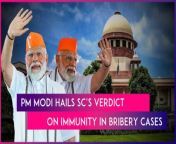 On March 4, PM Narendra Modi hailed the Supreme Court&#39;s verdict that legislators cannot claim immunity from prosecution in bribery cases related to casting votes or giving speech in Parliament or Legislative Assembly. PM Modi wrote on X, “SWAGATAM!” A seven-judge Constitution Bench of the top court ruled that an MP or MLA cannot claim immunity from prosecution on a charge of bribery in connection with the vote or speech in the Parliament or Legislative Assembly, reported ANI. Watch the video to know more.&#60;br/&#62;