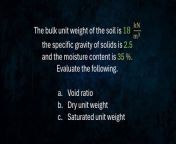 The bulk unit weight of the soil is 18kN/m&#3 . , the specific gravity of solids is 2.5&#60;br/&#62;and the moisture content is 35 %. Evaluate the following.&#60;br/&#62;a. Void Ratio &#60;br/&#62;b. Dry Unit Weight &#60;br/&#62;c. Saturated Unit Weight &#60;br/&#62;-&#60;br/&#62;&#60;br/&#62;kung nagustuhan po ninyo ang video,&#60;br/&#62;or if nakatulong sa inyo itong video na toh..&#60;br/&#62;paki pindutin lang po ang &#92;