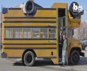 Quirky mechanics have created a ‘Topsy Turvy’ vehicle - by fusing two American school buses on top of each other. Brit Steve Braithwaite, 55, and his business partner Tom Brown, 56, from Kalamazoo, Michigan, took inspiration from a famous ice-cream maker for the wacky bus. The mammoth build took more than six months and required the pair to design their own machinery that would allow them to flip one bus on top of the other.