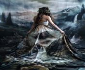 Prompt Midjourney : girl with her back turned with brunette hair in a headdress wearing a long spectacular intrincate ornated silk dress printed with a landscape of mountains, rocks and silky waterfall, melancholy, oniric silky --chaos 10 --ar 3:4 --style raw --v 6.0