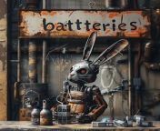 Prompt Midjourney : futuristic destipia style, robot rabbit as a shopkeeper selling batteries. above him a rusted sign with the word &#92;