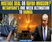 Israel has issued Hamas a one-week ultimatum to accept a proposed deal brokered by the US, Egypt, and Qatar. This agreement entails the release of several hostages in exchange for a six-week cessation of hostilities. The ultimatum was reportedly communicated through Egyptian officials, suggesting Hamas has until the following week to respond. This development follows Israeli Prime Minister Benjamin Netanyahu&#39;s statement indicating Israel&#39;s intent to proceed with an operation in Rafah regardless of the deal&#39;s outcome.&#60;br/&#62; &#60;br/&#62;#CeasefireDeal #RafahOffensive #Netanyahu #HamasUltimatum #IsraelHamasWar #MiddleEastConflict #GazaCrisis #InternationalDiplomacy #PeaceNegotiations #SecurityThreat #MilitaryOperation #GlobalSecurity #RegionalTensions #WarOnTerrorism #PoliticalPressure&#60;br/&#62;~PR.152~ED.155~GR.125~HT.96~